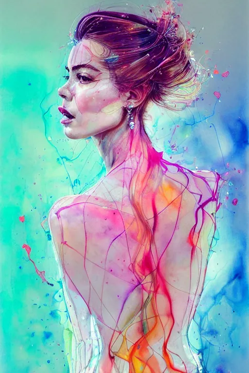 Image similar to sophia vergara by agnes cecile enki bilal moebius, intricated details, 3 / 4 back view, hair styled in a bun, bendover posture, full body portrait, extremely luminous bright design, pastel colours, drips, autumn lights