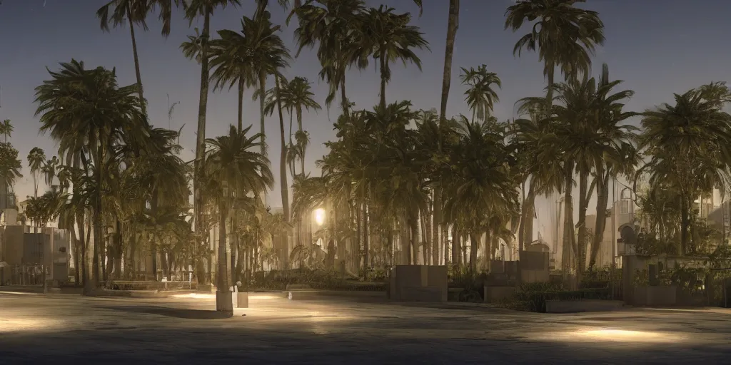 Image similar to a large building surrounded by palm trees at night, concept art by L. A. Ring, behance, modernism, playstation 5 screenshot, concept art, vray