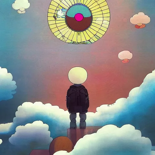 Image similar to a man walking on clouds above kyoto by takashi murakami, beeple and james jean, aya takano color style, 4 k, super detailed