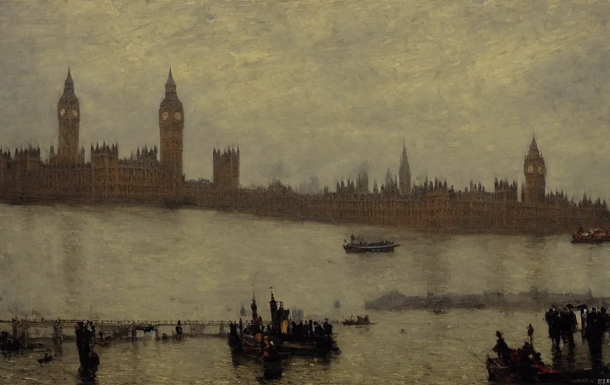 Prompt: the houses of parliament with a gloomy day's weather, 1885, highly detailed oil on canvas, by Ilya Repin