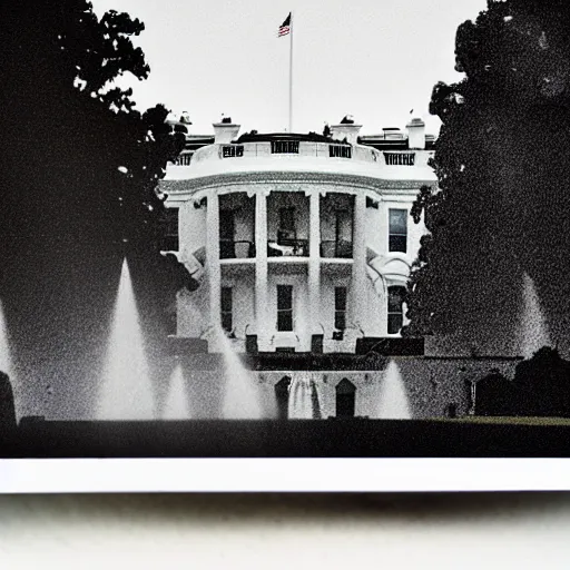 Image similar to 4 k hdr polaroid meteroid shower falling over the white house with an angry mob of protestors filling the streets at night time during a blackout with torch lit streets