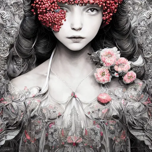 Image similar to the portrait of an absurdly beautiful, graceful, elegant, sophisticated, fashionable little girl made of strawberries and white petals looking down, an ultrafine hyperdetailed illustration by kim jung gi, irakli nadar, intricate linework, bright colors, octopath traveler, final fantasy, unreal engine 5 highly rendered, global illumination, radiant light, detailed and intricate environment