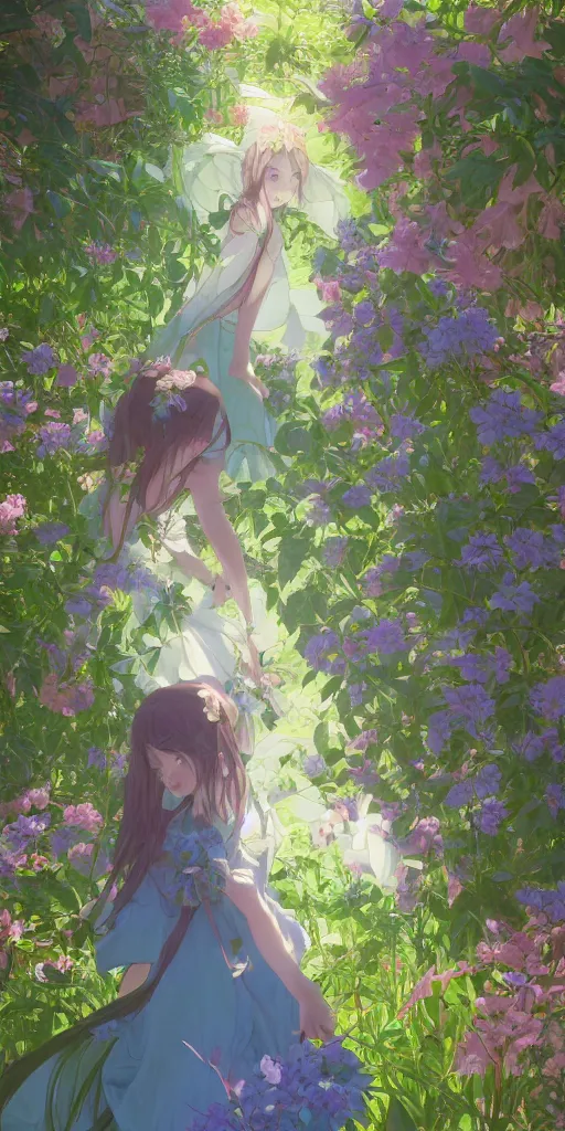 Image similar to a digital art of a loli with long hair in a dress in the privet garden at after noon, green and warm theme, mediumslateblue flowers, back lighting, by krenz cushart and mucha and akihito yoshida and greg rutkowski and makoto shinkai, highly detailed, 4 k resolution, trending on art station