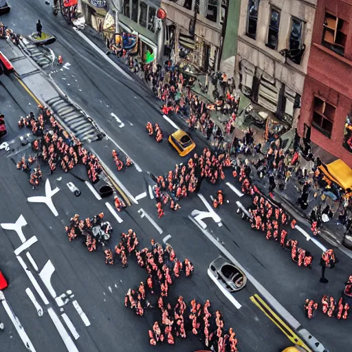 Prompt: top view of zombies on a new york street with new york taxi