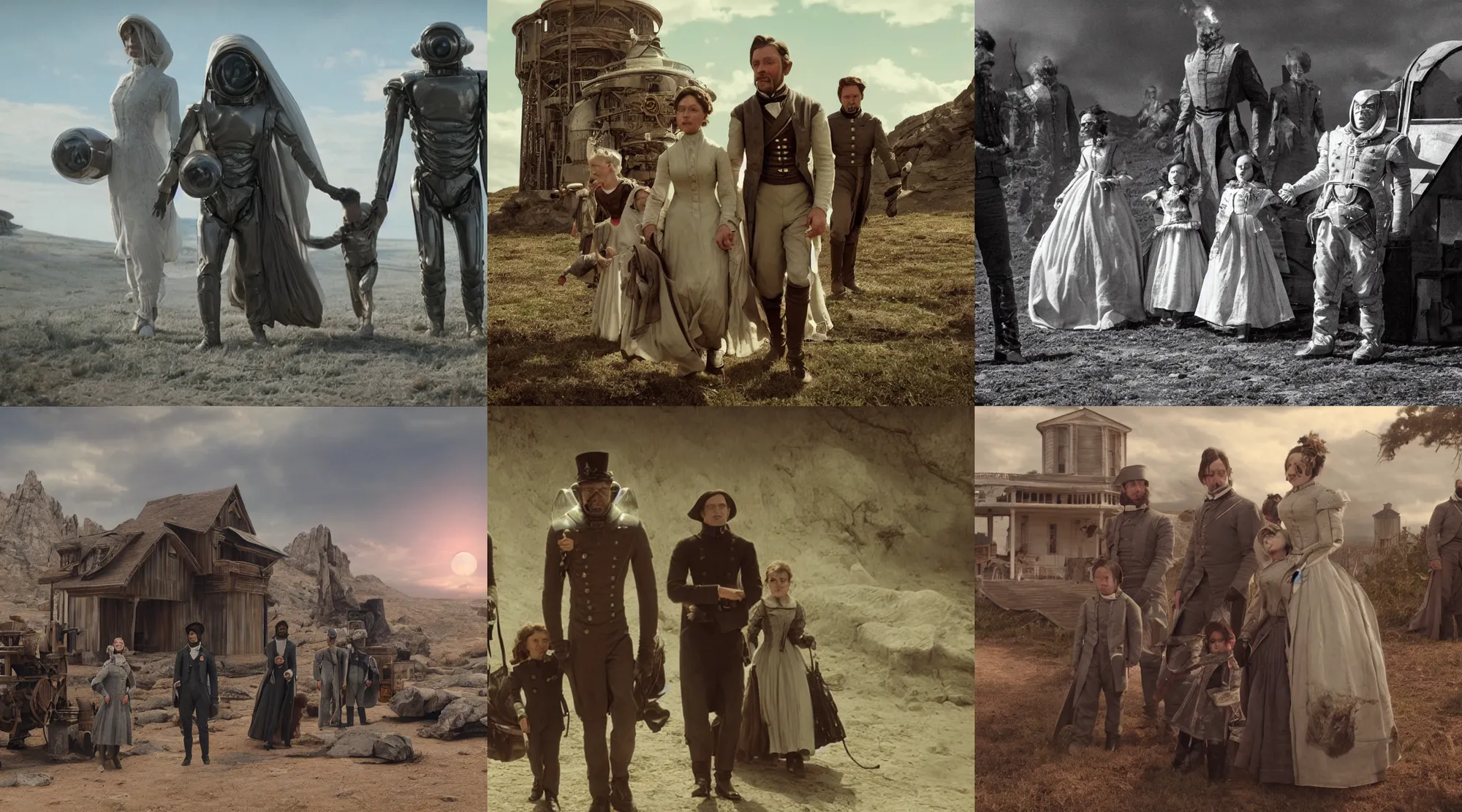 Prompt: film still from a sci fi movie made in 2022, set in 1860, of a family leaving a spaceship, that has just landed on an alien planet, wearing 1860s era clothes, cinematic lighting, 4k, sharp, detailed