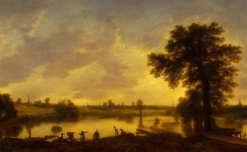 Prompt: a beautiful landscape in the netherlands at sunset, in the style of derwent lees