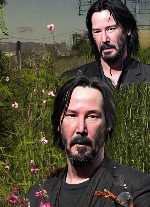 Prompt: solarpunk keanu reeves as a farmer, cyberpunk 2 0 7 7 wake up samurai, solarpunk, lots of plants, gardening, permaculture, anarchy, realistic, ultra detailed