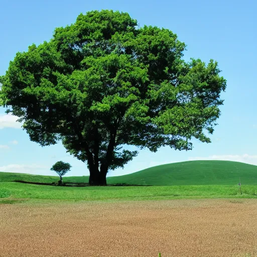 Prompt: a singular, green hill in the middle of the photo. no tree's are on the hill. the sky is a bright blue.