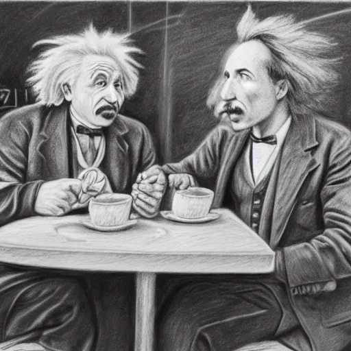 Image similar to Einstein and Tesla sitting at cafe, pencil drawing, ultra detailed