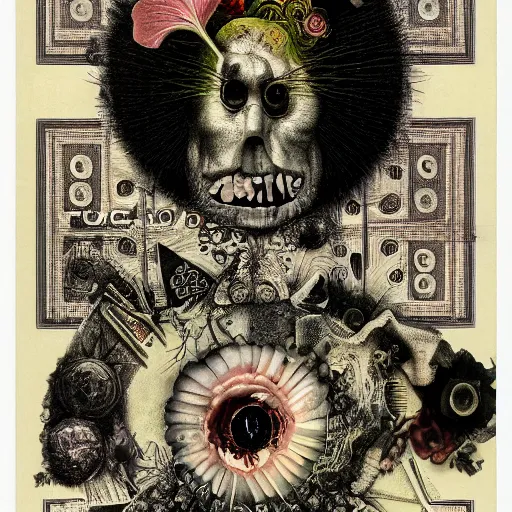 Prompt: post - punk new age album cover, asymmetrical design, frame of dollar bank notes, capitalism, magic, apocalypse, psychedelic, black white pink, magic, giger h. r., giuseppe arcimboldo