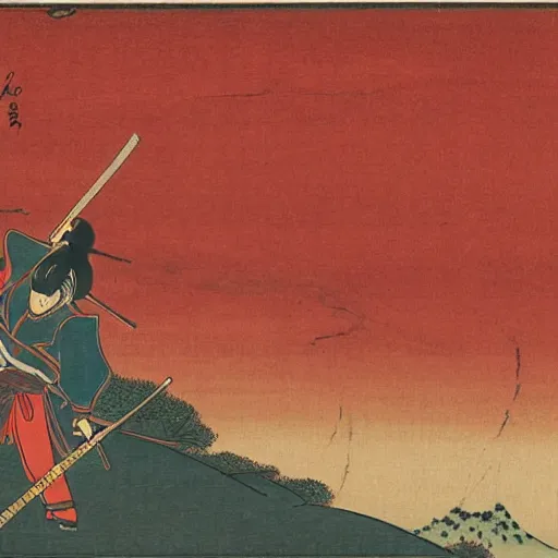 Prompt: Two Japanese samurai stand off in the sunset on a hill over looking a village, Ukiyo-e, drawing