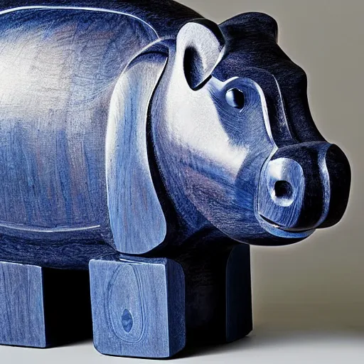 Image similar to wood block small hippo statue, wood blocks bottom hippo body, blue chrome top hippo body, by a genius craftsman, highly detailed, wood block legs made of polished wooden blocks under the blue resin chrome top