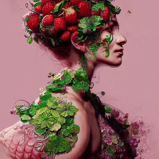 Image similar to the portrait of an absurdly beautiful, graceful, elegant, curvy woman made of strawberries and green petals, an ultrafine hyperdetailed illustration by kim jung gi, irakli nadar, intricate linework, bright colors, octopath traveler, final fantasy, angular, unreal engine 5 highly rendered, global illumination, radiant light, detailed and intricate environment