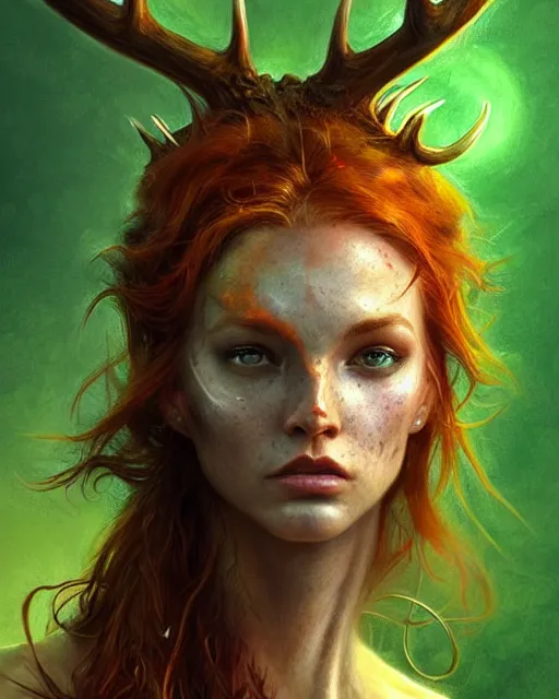 Prompt: muscular female druid, perfect face, thin antlers, green crop top, ginger hair, abs, cinematic, freckles, stunning, athletic, strong, agile, highly detailed, psychedelic, digital painting, artstation, smooth, hard focus, illustration, art by jessica rossier and and brian froud