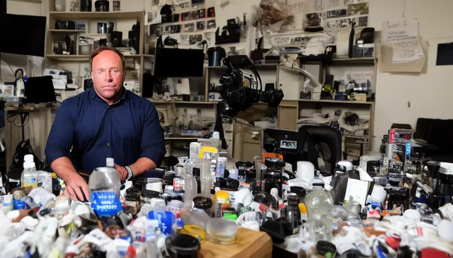 Prompt: Alex Jones in his INFOWARS studio surrounded by trash and herbal supplements and rubbish and camera equipment