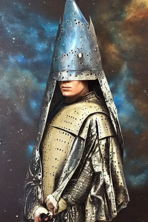 Image similar to hyperrealism oil painting, close - up portrait of face hiding in stingray medieval fashion model, knight, steel gradient mixed with nebula sky, in style of baroque mixed with 7 0 s book art