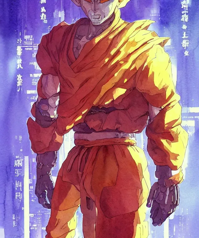 Image similar to a watercolor painting full body character portrait of a cyborg super saiyan martial artist in the style of moebius in the style of cyberpunk trending on artstation deviantart pinterest detailed realistic hd 8 k high resolution