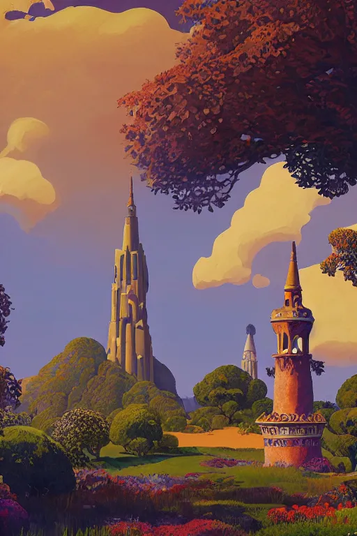 Image similar to distance view of the painted tower of the moon in its gardens fairytale illustration, tall windows, beautiful tilework, dramatic cinematic lighting, rich colors, golden age illustration, by Ludwig Deutsch and Nicholas Roerich and Sylvain Sarrailh and April Gornik ,unreal engine