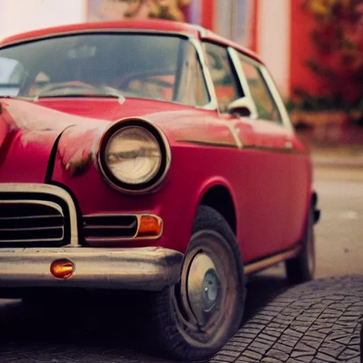 Image similar to close-up shot of car in russian small town, low angle, velvia film, cinestill,f 1,6, blur, by William Eaglstone