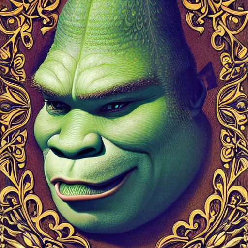 Prompt: a beautiful detailed front view portrait of shrek with ornate growing around, ornamentation, flowers, elegant, beautifully soft lit, by wayne barlowe, peter mohrbacher, kelly mckernan,