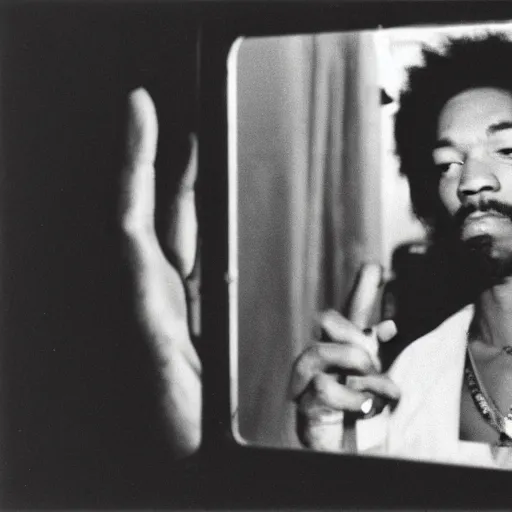 Image similar to film photo of jimmy hendrix taking a self portrait in a hotel room mirror, old photo, disposable camera