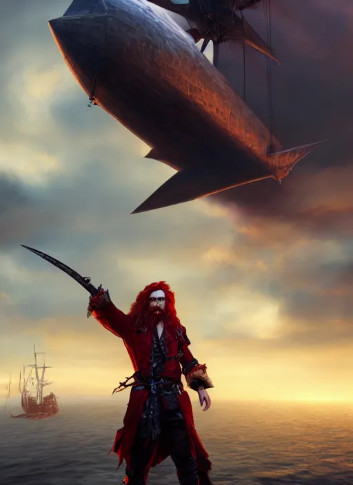 Image similar to An epic fantasy comic book style portrait painting of a long haired, red headed male sky-pirate in front of an airship, unreal 5, DAZ, hyperrealistic, octane render, by Greg Rutkowski, RPG portrait, dynamic lighting