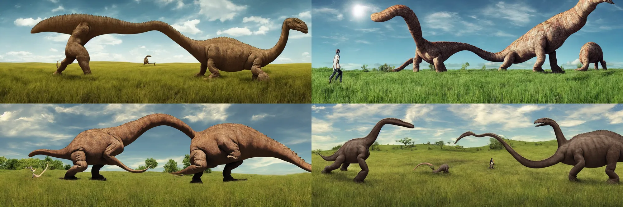 Prompt: a gigantic sauropod dinosaur walking through a grassy plain