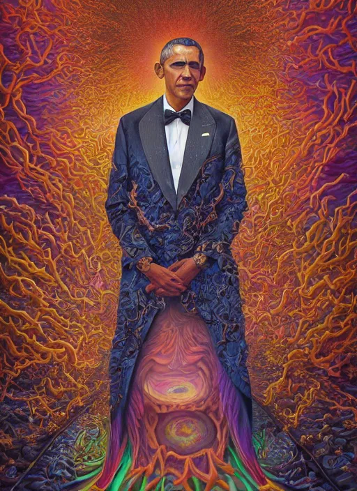 Prompt: beautiful oil painting, full length portrait of Barack Obama in coronation robes 1701, baroque, Dan Mumford, Dan Mumford, Alex grey, Alex grey, highly detailed , lsd visuals, dmt fractal patterns, hallucinogen, visionary art, psychedelic art, ornate, vaporwave, baroque