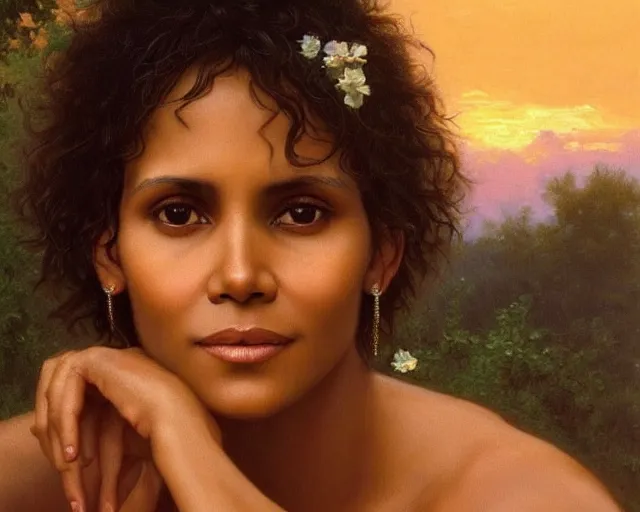 Image similar to beautiful glorious realistic oil painting of young halle berry, bokeh, baroque style by bouguereau, sunset, highly detailed and photorealistic, 8 k high detail and intricate