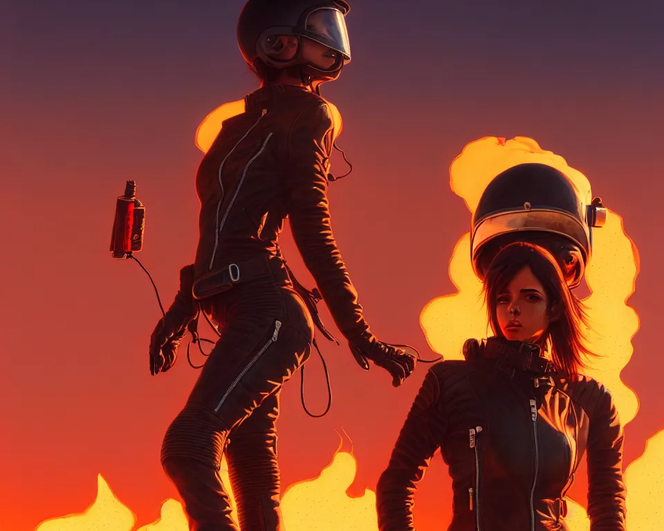 Prompt: a ultradetailed beautiful panting of post apocalyptic woman biker in leather jacket with helmet in front of burning desert, by ilya kuvshinov, greg rutkowski and makoto shinkai, trending on artstation