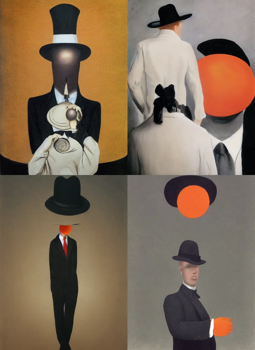 Prompt: faceless man wearing a white shirt, black suit and a black hat. behind him there is a perfect orange circle by Rene Magritte. detailed.