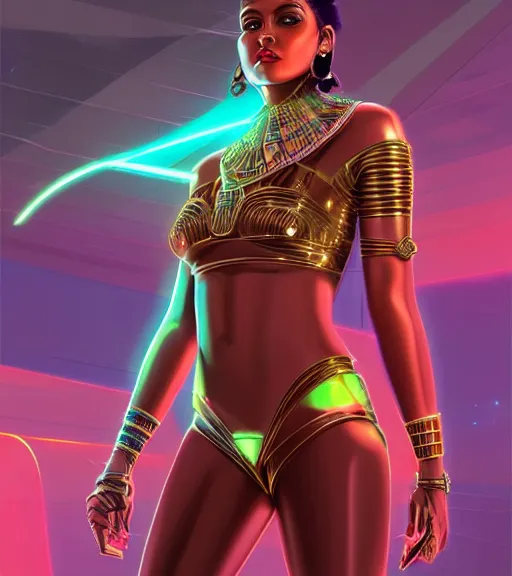 Image similar to symmetry!! egyptian princess of technology, solid cube of light, hard edges, product render retro - futuristic poster scifi, lasers and neon circuits, beautiful brown skin woman egyptian princess, intricate, elegant, highly detailed, digital painting, artstation, concept art, smooth, sharp focus, illustration, dreamlike, art by artgerm