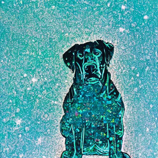 Image similar to a photograph of a huge dog in space made of turquoise colored crystals