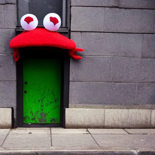 Image similar to street photography picture of a muppet kermit the frog laying in the doorway of an oppressive building. fugifilm 4 k close focus. distopia sad