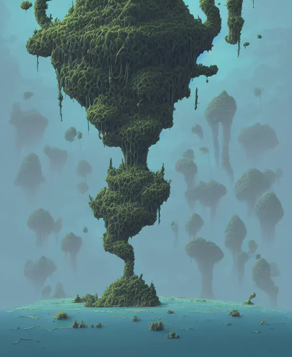 Image similar to simplicity, an elegant structure made out of exotic fungus, overgrown with creepy blobs, organic, partly cloudy, hellscape, hell, fire, brimstone, lava, by dan mumford, yusuke murata, makoto shinkai, ross tran, cinematic, unreal engine, cel shaded, featured on artstation, pixiv
