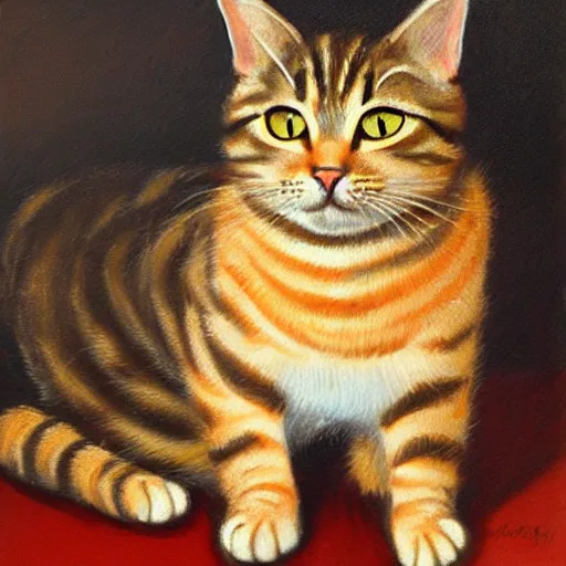 Image similar to tabby cat in front of a dark background, oil paining, highly realistic, romantic style