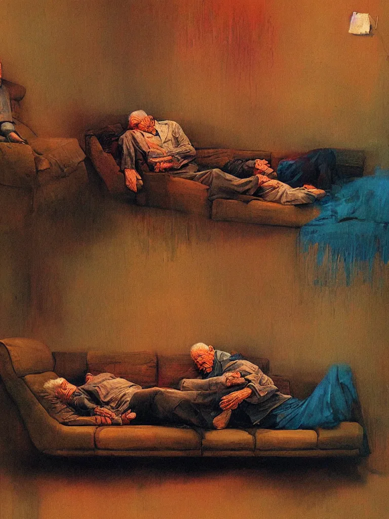 Image similar to photo of a very old couple sleeping on a couch, psx game graphics , Beksinski painting, part by Adrian Ghenie