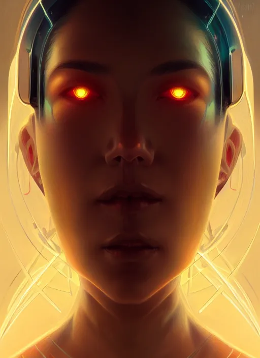 Image similar to symmetry portrait of lana parilla, sci - fi, tech wear, glowing lights intricate, elegant, highly detailed, digital painting, artstation, concept art, smooth, sharp focus, illustration, art by artgerm and greg rutkowski and alphonse mucha