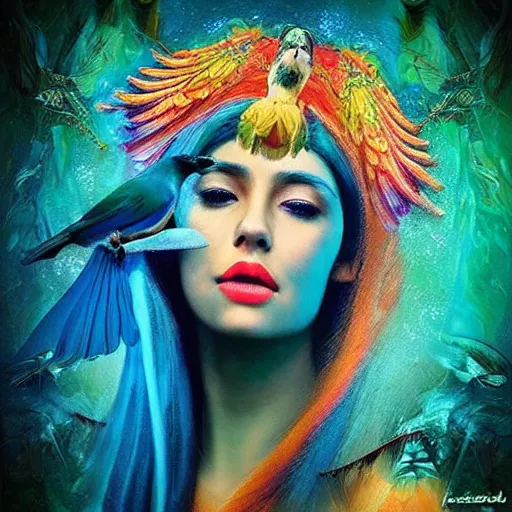 Prompt: “a stunning portrait of goddess of bird, fantasy art, beautiful colors, dramatic”