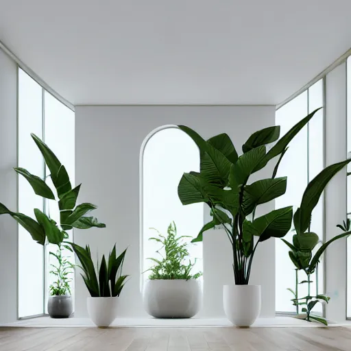 Image similar to white zen clean modern minimalist yoga room with cute plants by peter tarka in an ivory room well contoured smooth fair walls, up close shot, sharp focus, zen, clean, modern minimalist, zaha hadid octane highly render, 4 k, ultra hd,