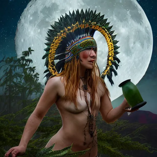 Image similar to spartan shaman drinking tea with trichocereus background and smoke haze, full moon, wolf, photo in the style of the celestine prophecy, wlop, artgerm, greg rutkowski and alphonse mucha