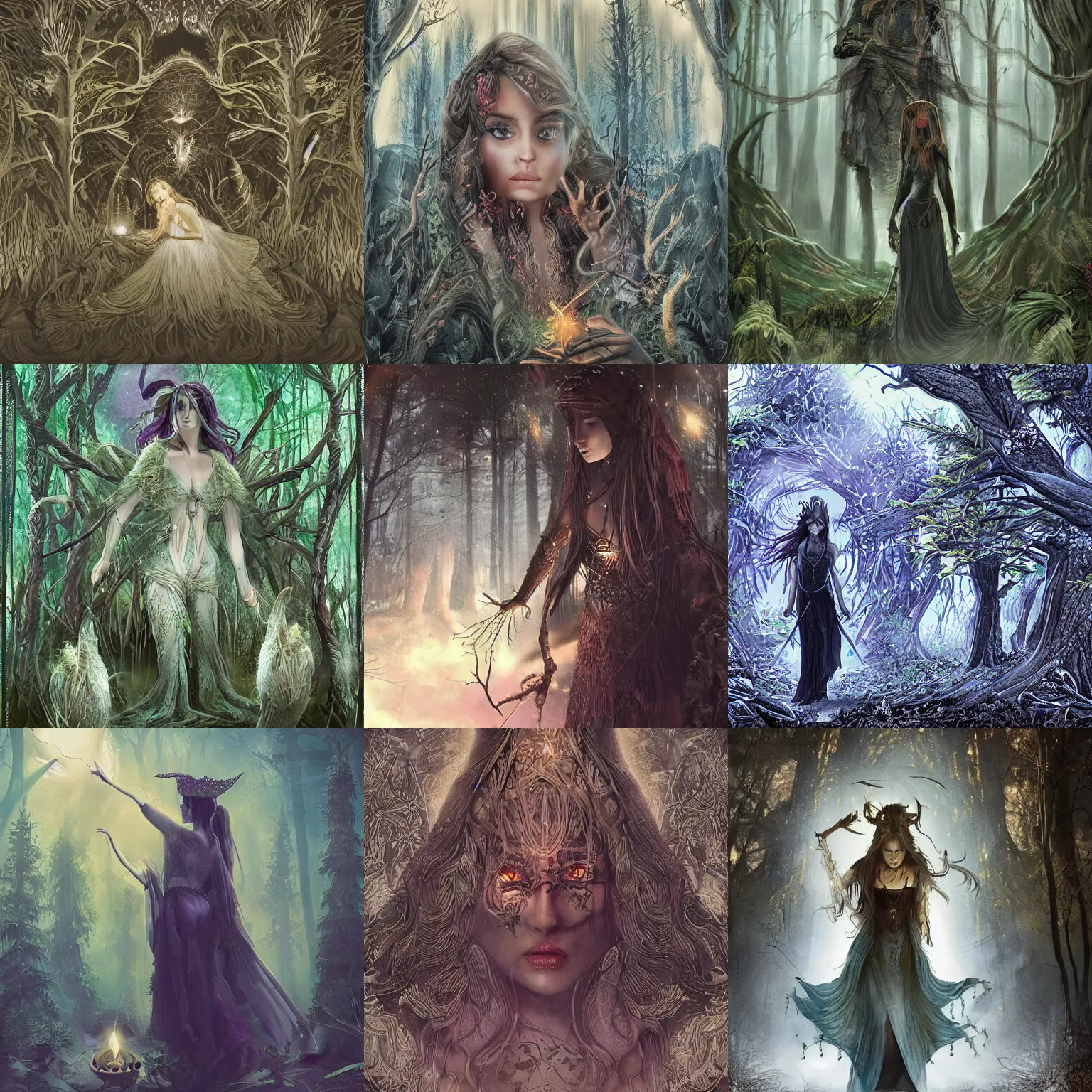 Prompt: mysterious dark forest night, faraway view, elven woman casting a spell, large scale, high quality digital art, intricate, detailed