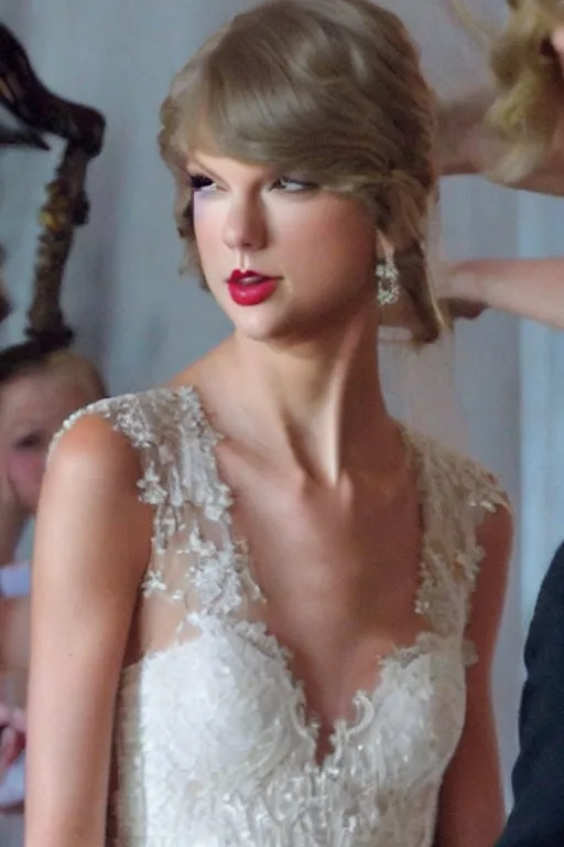 Prompt: waist - up - photo!!!!!!!!! of taylor swift in a beautiful wedding dress, focus on face and facial details