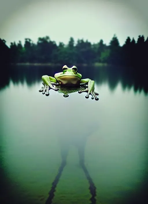 Image similar to “frog in jesus christ pose vertically hovering above calm lake waters, distant misty forest horizon, low angle shot, long cinematic shot by Andrei Tarkovsky, paranormal, eerie, mystical”