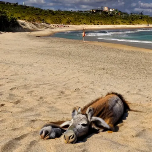 Image similar to A donkey lying on a sunbed near the beach, photorealistic