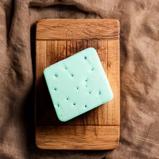 Prompt: photograph of a marshmallow cube with mint swirls on a dark wooden chopping board, hessian cloth, styled food photography, photorealistic, 4 k