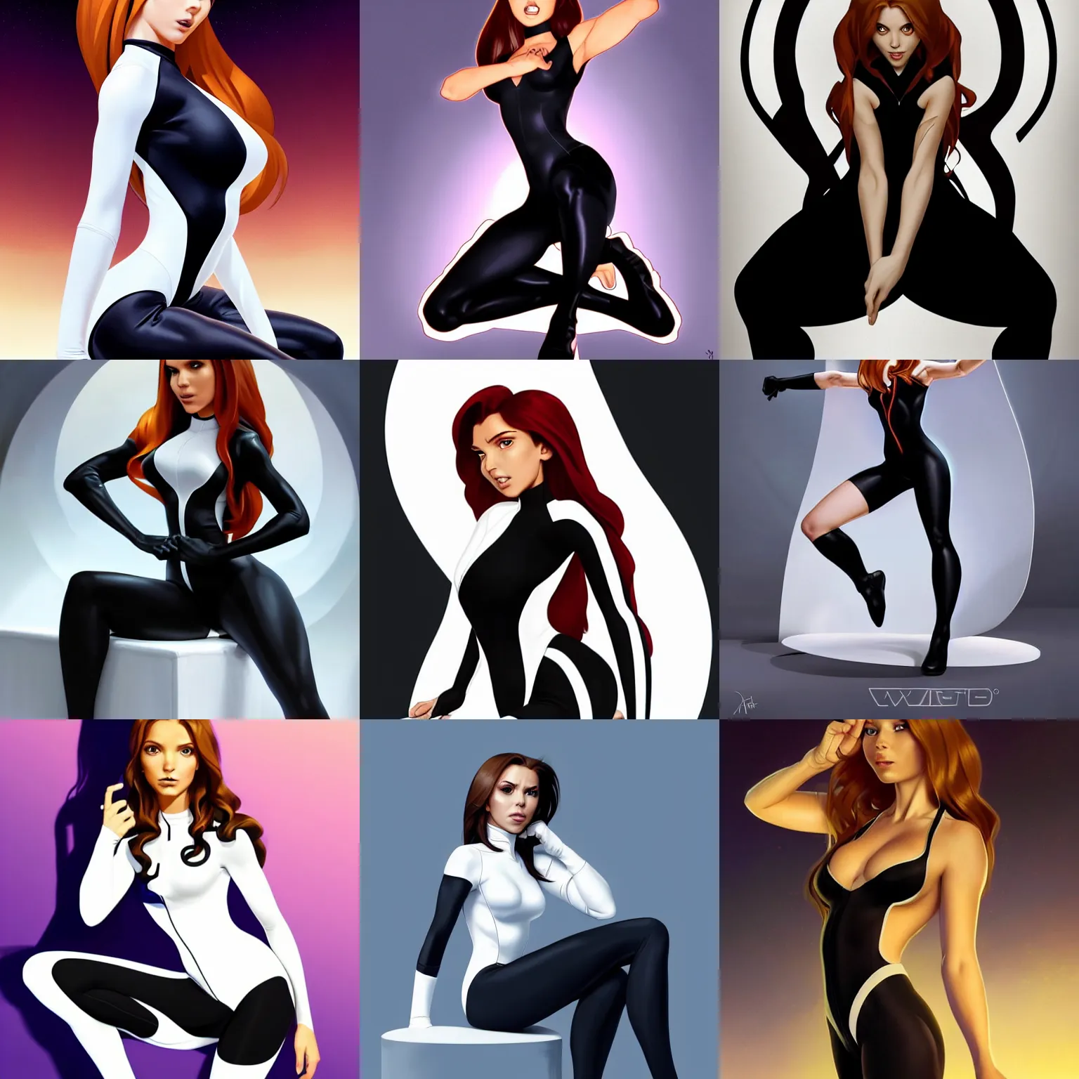 Prompt: striking character concept portrait, kim possible, sitting down with wrists together, white leotard costume with zipper, curvaceous, defeated. detailed, elegant, high quality, dark lighting, very high contrast with dark background, fantasy, reflective, spotlight. digital artwork by artgerm and wlop and alex ross and alphonse mucha, trending on artstation