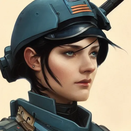 Prompt: woman dressed in scifi military uniform with black hair and blue eyes, elegant, digital illustration, detailed, intricate, sharp focus, digital painting, deep focus, digital painting, artstation, concept art, matte, art by artgerm and greg rutkowski and alphonse mucha