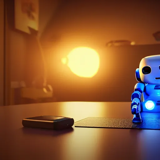 Image similar to toy robot typing on a computer, dslr, 8 k, octane beautifully detailed render, warm mood, cinematic lighting, detailed photo, masterpiece, volumetric lighting, ultra realistic, highly detailed, high quality, lossless, photorealistic