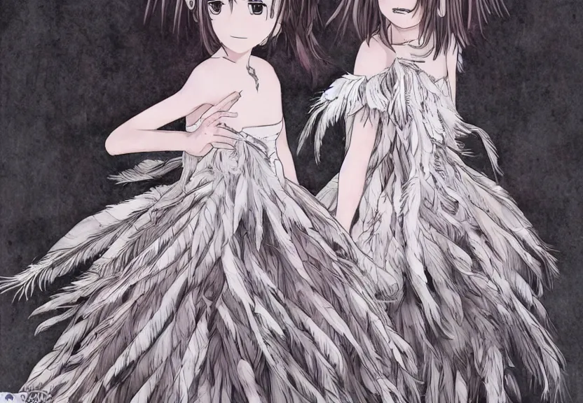 Image similar to little girl with a short white haircut wearing a dress made of feathers, artwork in the anime style, dark, anatomically perfect